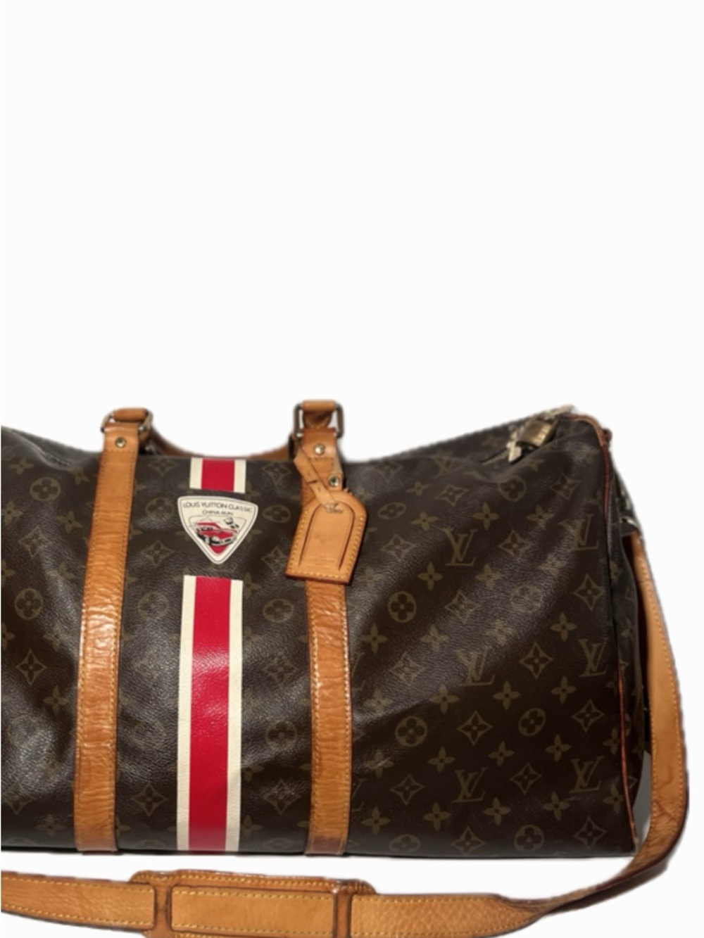 Louis Vuitton Brown Monogram Duffel with Red and White Stripe - Picture 3 of 5